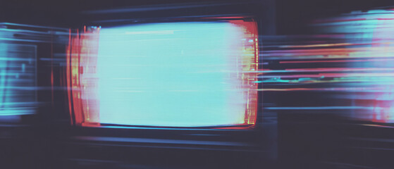 Poster - glitch effect creating digital distortion with retro television appearance in blue and red hues