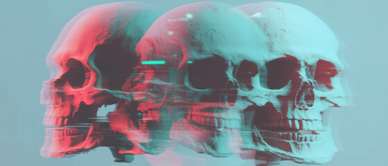 Poster - Glitch effect overlay on distorted 3D skull models showcasing digital artifact distortion