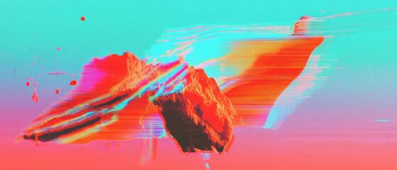 Poster - glitch effect overlay on distorted shapes creating vibrant digital artifacts in vivid colors