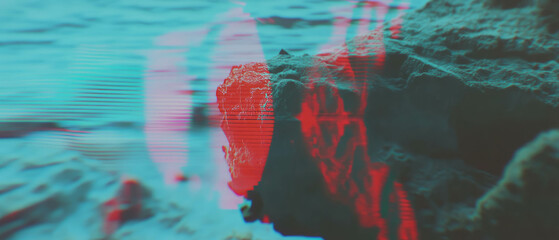 Poster - overlay texture featuring glitch effect on distorted digital footage of rocky shoreline