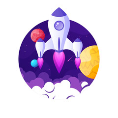 Wall Mural - rocket launch, space futuristic colorful background with planets and stars. cartoon starship, spaces