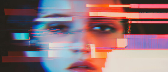 Poster - distorted face with glitch effect showcasing fragmented digital elements and geometric shapes