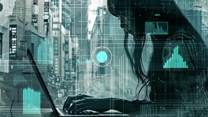 Poster - woman working on laptop in urban setting with digital overlay showcasing technology and connectivity