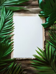 Leinwandbilder - Creative blank space framed by tropical leaves on wooden background ready for personalized text or design. Generative AI
