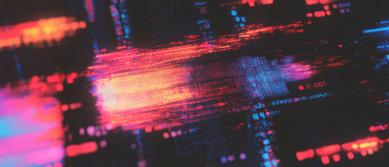Poster - digital overlay showcasing distorted glitch text in striking colors, creating a modern aesthetic