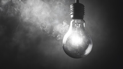 Aufkleber - A single glowing light bulb emits soft illumination amidst swirling smoke, creating an intriguing atmosphere of mystery and warmth in a darkened background.