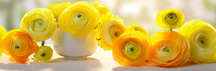 Poster - Bright yellow ranunculus flowers arranged beautifully in a white vase on a light background
