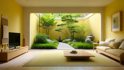 Poster - Serene modern living room with a garden view, featuring warm yellow walls and minimalist decor