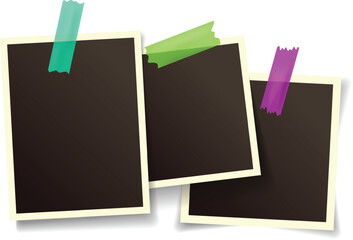 Poster - three blank retro instant photos with colorful adhesive tapes creating a vintage and nostalgic mood,
