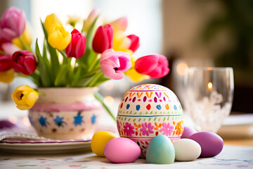 Aufkleber - Colorful Easter egg and tulip arrangement on a festive table setting for spring celebration