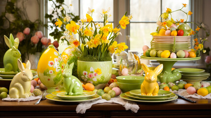 Aufkleber - Festive spring table setting with vibrant decorations and colorful Easter-themed ornaments in a cozy dining area