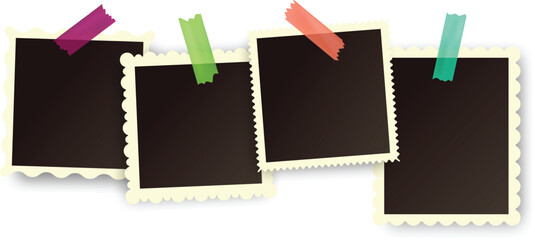 Poster - four blank instant photos with scalloped edges hanging with colorful adhesive tape on white backgrou