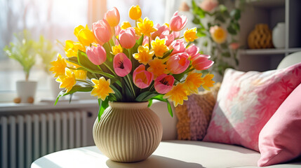 Wall Mural - Bright spring bouquet of tulips and daffodils on a sunny living room table in the morning