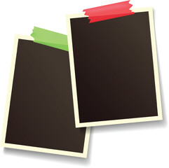 Poster - Two blank retro style instant photos with colorful adhesive tape are creating a vintage mood on a clean white background, perfect for showcasing memories or designs