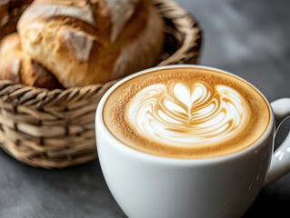 Wall Mural - Cozy coffee and bakery vibes with a perfect cappuccino PR. Coffee latte with croissants in a basket