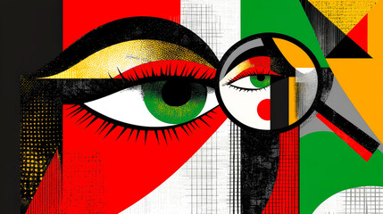 Fototapete - Modern art piece showcasing a stylized eye with vibrant colors and shapes reflecting cultural elements