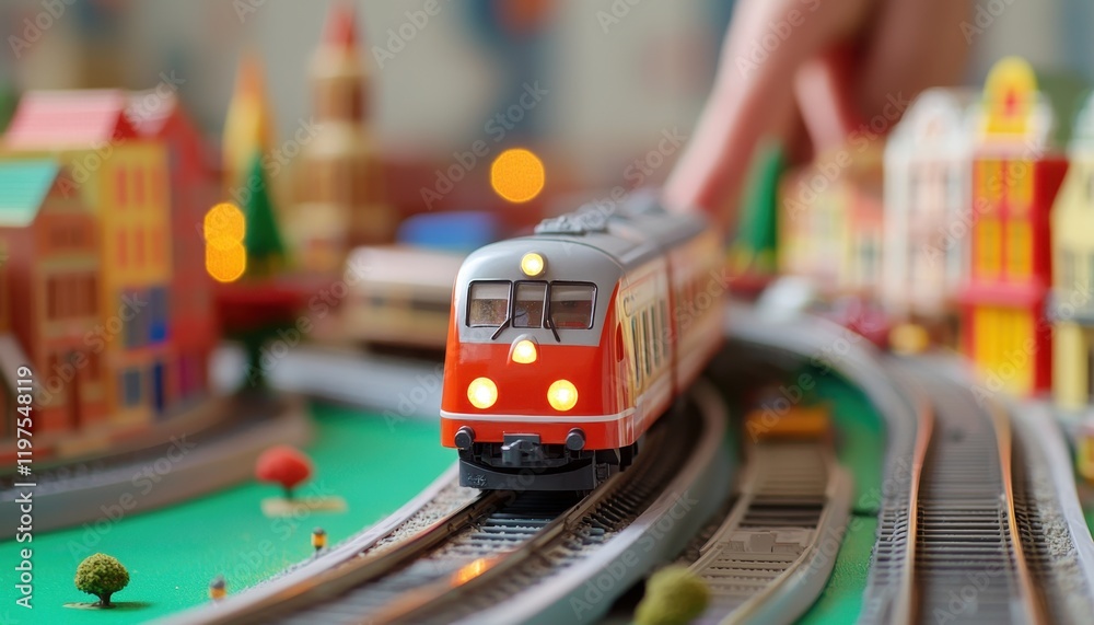 Toy train set winding through a vibrant miniature city with bridges ...
