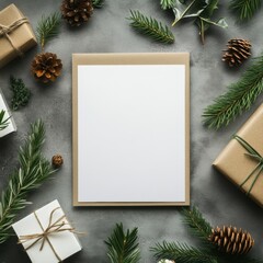 Leinwandbilder - Blank mock up for greeting cards surrounded by pinecones and holiday gifts on a textured surface. Generative AI