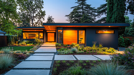 Poster - Modern architecture blends with nature in this stylish residential home at dusk in a tranquil neighborhood