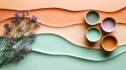 Fototapete - Colorful arrangement of bowls and flowers on textured pastel background with wavy design