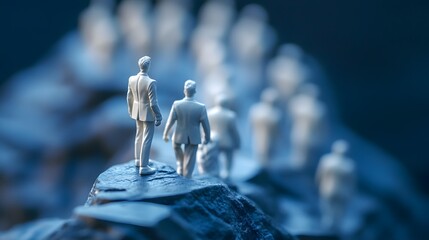 Aufkleber - A Group of Miniature Business Figures Standing on a Rock Formation, Symbolizing Leadership, Ambition, and the Journey Towards Success in a Challenging Environment