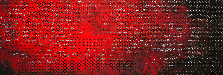 Fototapete - An abstract surface features a vibrant red background with numerous circular perforations, showcasing an artistic blend of color and texture in an industrial environment