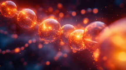Poster - Abstract molecular structure in vibrant orange tones. Transparent interconnected spheres glow with energy, symbolizing scientific innovation and molecular biology