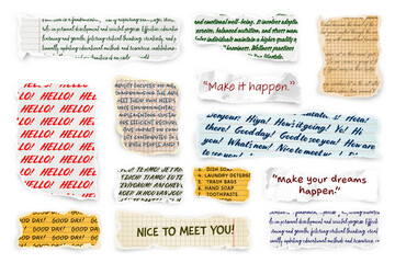 Wall Mural - ripped paper strips with handwritten text. realistic crumpled paper scraps with torn edges. shreds o