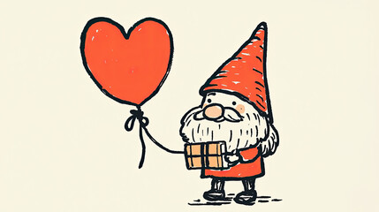 Wall Mural - Cute gnome holding red heart balloon and gift, spreading joy, hand-drawn childlike art style