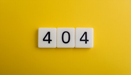 A minimalistic image of a 404 error displayed on white tiles on a bright yellow background. The number 