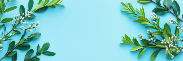 Aufkleber - Green leaves on a light blue background providing space for text and design elements in a creative layout. Generative AI