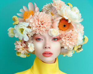 Close-up portrait of a woman with a floral headpiece composed of pastel and white flowers. A surreal and artistic concept emphasizing nature and beauty.