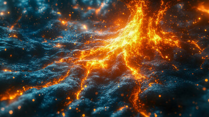 Poster - A hyper-detailed depiction of glowing neuron-like structures, emitting vibrant blue and orange light, symbolizing neural activity and biological energy