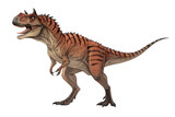 Majestic Carnotaurus: A fearsome Carnotaurus dinosaur, with its distinctive horns and striped pattern, stands proudly in a dynamic pose, showcasing its powerful build and prehistoric presence.  
