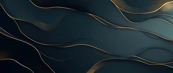 Poster - Topographic Map Design, dark blue backdrop, golden line art, minimalistic illustration, dark green and navy tones, subtle tonal values