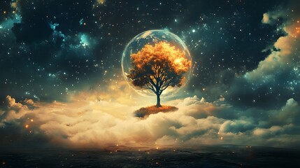 Aufkleber - Ethereal Tree Surrounded by Cosmic Elements with a Dreamlike Glow and Astral Background in a Surreal Landscape of Clouds and Stars