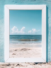 Poster - Framed view of serene beach with soft waves and bright blue sky perfect for adding text or messages. Generative AI