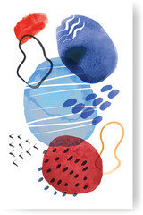Poster - Modern abstract composition featuring overlapping watercolor shapes in blue and red, accented with lines and dots, creating a vibrant and artistic visual