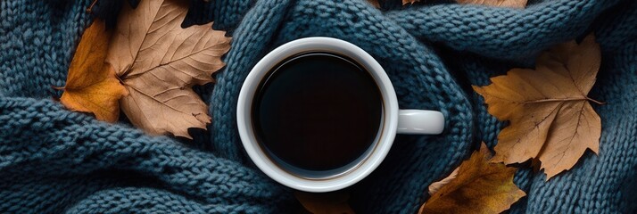 Wall Mural - A top view of a coffee cup surrounded by autumn leaves and a wool scarf