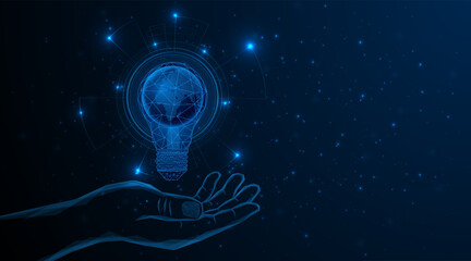 Fototapete - abstract hand holding electric light bulb or creative light bulb with a globe or world map inside. Global internet connection concept for business Advanced digital technology