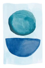 Poster - Abstract watercolor painting featuring a turquoise circle and a dark blue semicircle on a light blue background, creating a simple yet evocative composition