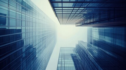 Poster - A captivating perspective of modern glass buildings showcasing their height and sleek design against an overcast sky, highlighting urban architecture and minimalism.