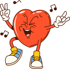 Poster - Groovy Valentine heart character. Saint Valentine holiday cute groovy character. Love party or romance day happy dancing heart 60s 70s funky vector personage or retro cartoon cheerful mascot