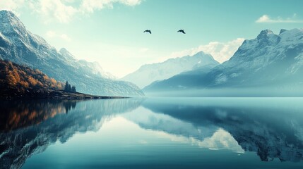 Poster - Serene mountain landscape with tranquil lake and flying birds at sunrise. Generative AI