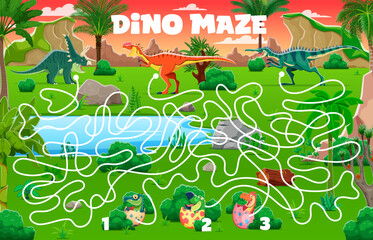 Aufkleber - Kids labyrinth maze game, help to dinosaur mothers find their dino babies. Cute prehistoric dinosaur animals puzzle quiz vector worksheet with find right way task, children education activity