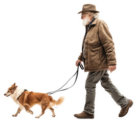 Wall Mural - Old man walking a dog mammal animal adult.