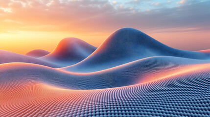 Poster - Serene Sunset Landscape with Abstract Geometric Mountains and Textured Hills