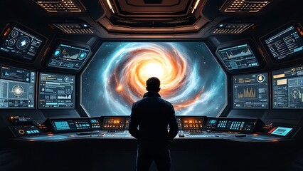 Futuristic spaceship cockpit featuring a blue galaxy display and control panel with glowing button