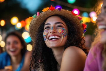 Hispanic young female smiling at festival with face paint under colorful lights.