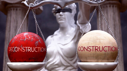 Wall Mural - Deconstruction or Construction as a choice, two options to choose from. Greek statue presenting two alternatives: deconstruction or construction, weighing their values. ,3d illustration